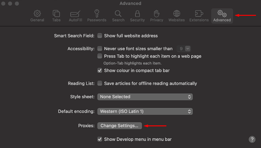 Раздел Advanced в настройках Safari с пунктом Change Settings для перехода к системным сетевым параметрам / Advanced section in Safari settings with the Change Settings option for opening system network settings