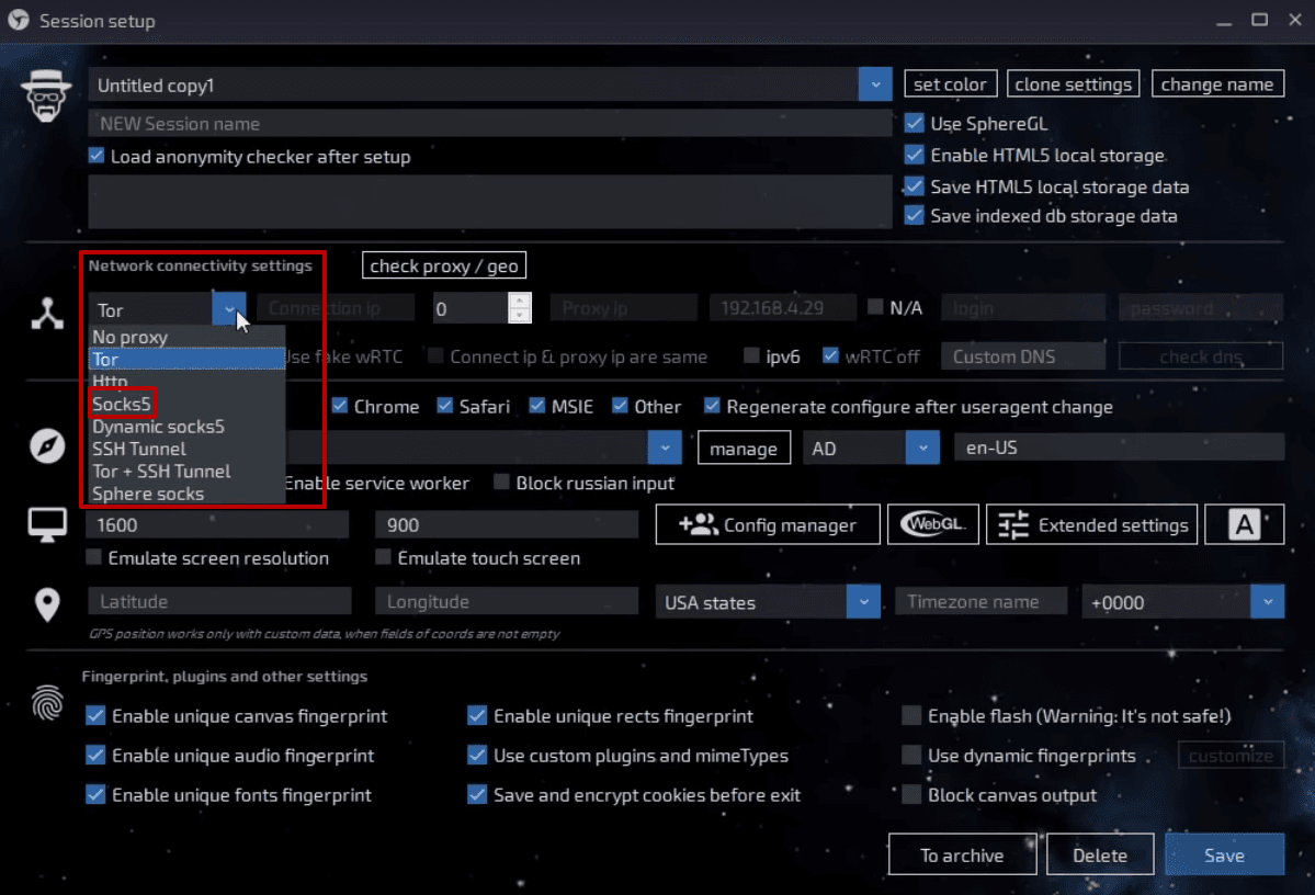 Настройки сетевого подключения Linken Sphere с выбором протокола HTTP или SOCKS5 / Linken Sphere network settings with HTTP or SOCKS5 protocol selection