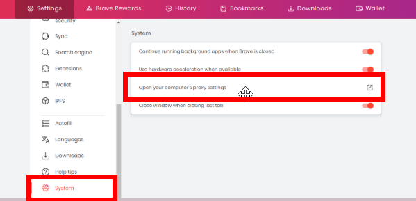 Переход из Brave к системным настройкам прокси компьютера / Opening the computer's system proxy settings from Brave