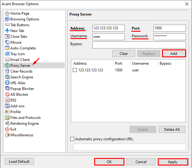 Окно настройки прокси в Avant Browser с полями для IP-адреса, порта, логина и пароля / Avant Browser proxy configuration window with fields for IP address, port, username, and password