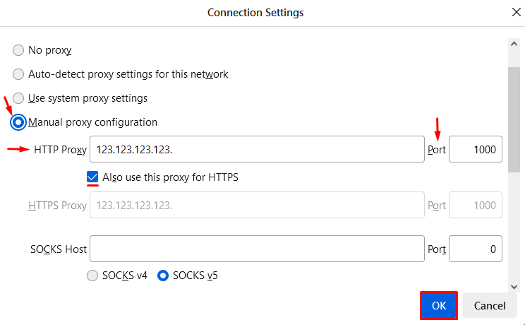 Окно Connection Settings в Waterfox с выбранной ручной конфигурацией прокси и полями для адреса и порта / Waterfox Connection Settings window with manual proxy configuration selected and fields for the address and port