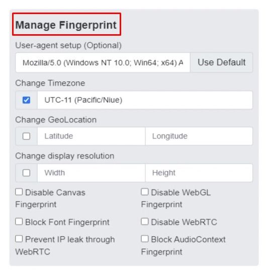 Настройки профиля Logii с параметрами User Agent, языка, часового пояса и разрешения экрана / Logii profile settings showing User Agent, language, time zone, and screen resolution configuration