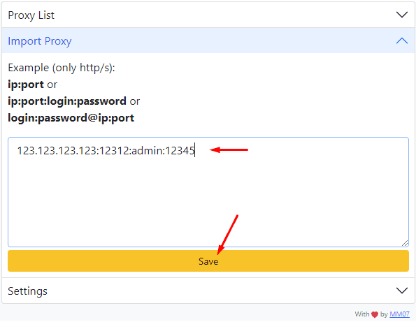 Поля для ввода параметров прокси в Simple Proxy / Fields for entering proxy parameters in Simple Proxy