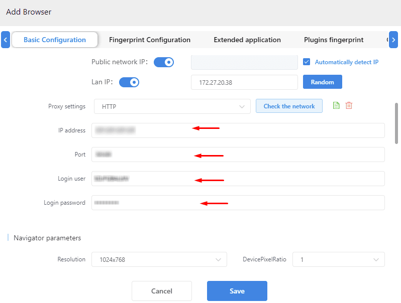 Окно Proxy Settings в MuLogin с заполненными полями IP-адреса, порта, логина и пароля / MuLogin Proxy Settings window with IP address, port, username, and password entered