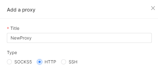 Окно добавления прокси в Octo Browser с полями названия и типа подключения / Octo Browser proxy setup window with name and connection type fields