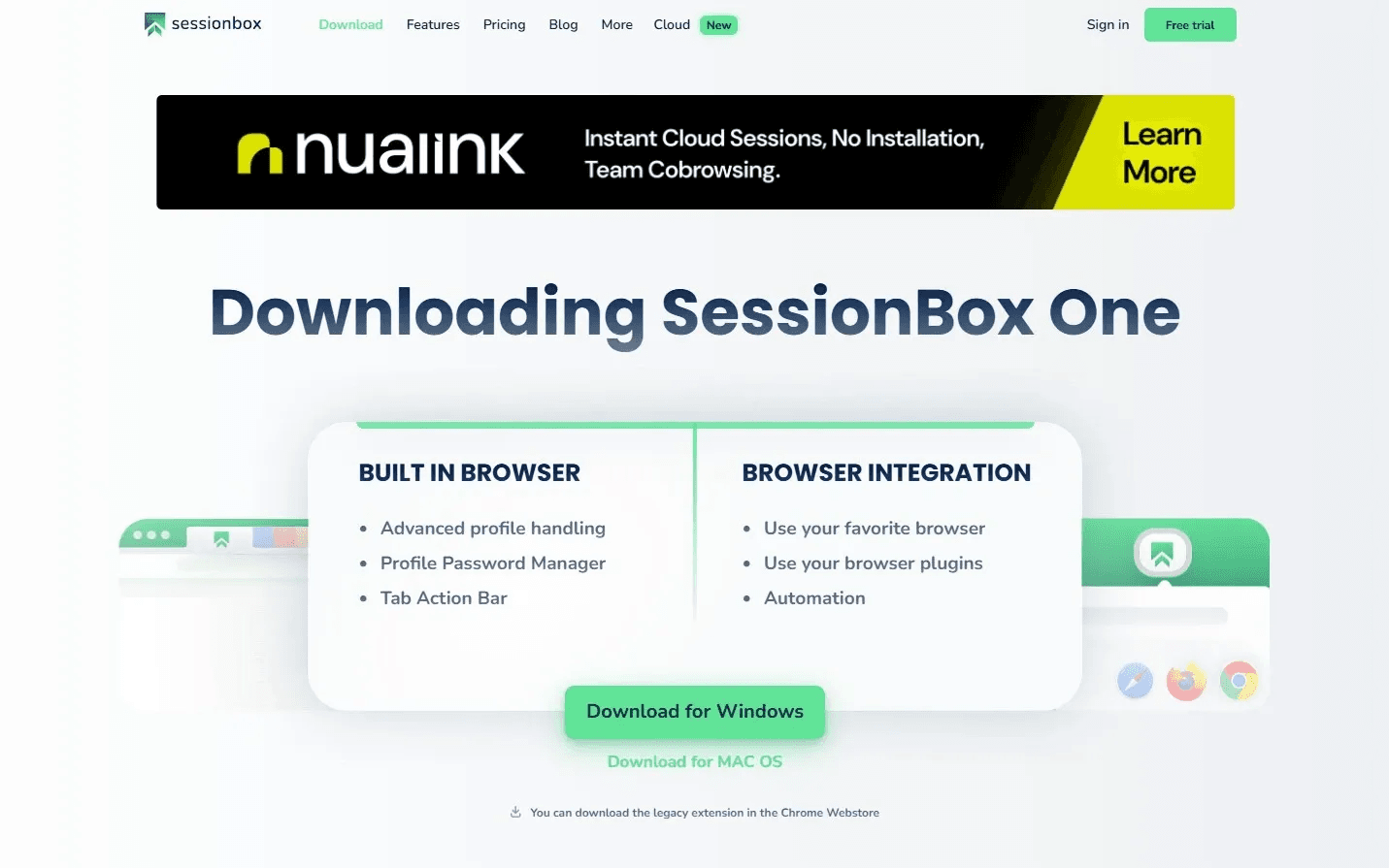 Официальный сайт SessionBox One со страницей загрузки приложения / Official SessionBox One website with the application download page