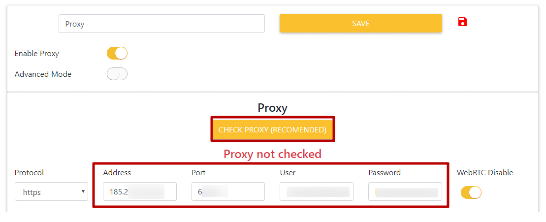 Настройки прокси в Aezakmi Browser с полями для адреса, порта, логина и пароля / Aezakmi Browser proxy settings with fields for server address, port, username, and password