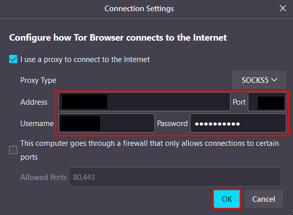 Окно настроек Tor Browser с включенной опцией использования прокси и полями для ввода параметров сервера / Tor Browser settings window with proxy usage enabled and fields for entering server parameters