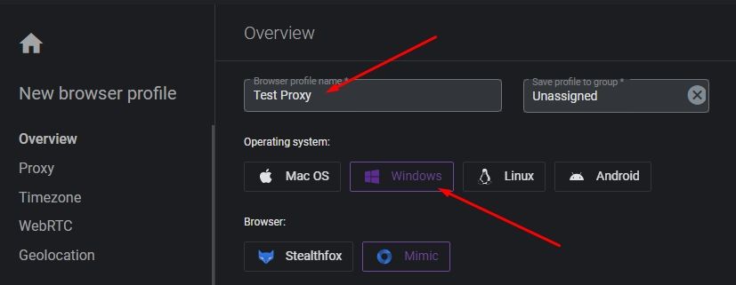Форма создания профиля в Indigo Browser с заполнением имени, группы, операционной системы и версии браузера / Indigo Browser profile creation form with profile name, group, operating system, and browser version fields