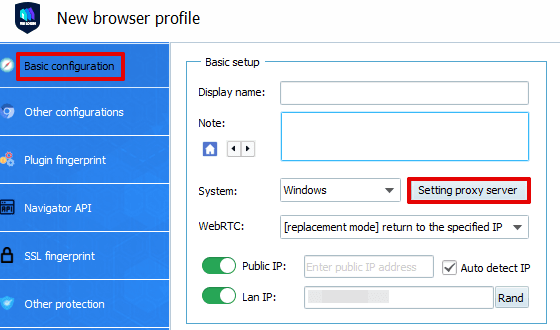 Окно Basic configuration в VMLogin с пунктом Setting Proxy Server для настройки сетевого подключения / VMLogin Basic configuration window with the Setting Proxy Server option for configuring the network connection