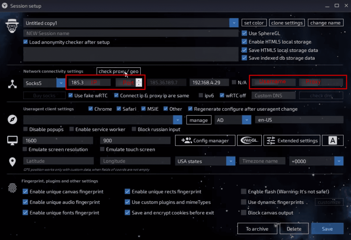 Форма настройки прокси в Linken Sphere с полями для IP-адреса, порта, имени пользователя и пароля / Linken Sphere proxy configuration form with fields for IP address, port, username, and password