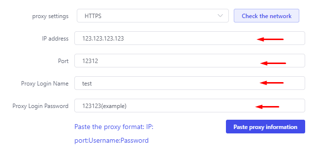 Настройки прокси в Lalicat с полями IP-адреса, порта, логина и пароля / Lalicat proxy settings with fields for IP address, port, username, and password
