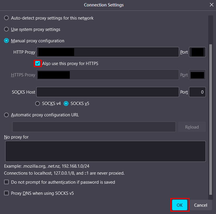 Окно Connection Settings в Firefox с вариантами настройки подключения к сети / Firefox Connection Settings window with available network connection configuration options