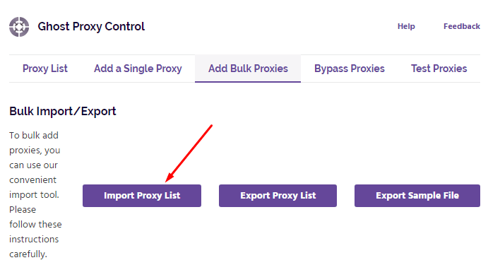 Ghost Browser с открытым окном Import Proxy List для загрузки заполненного списка прокси / Ghost Browser with the Import Proxy List window open for uploading a completed proxy list