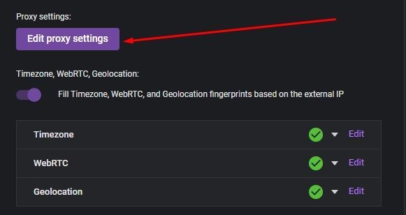 Раздел Proxy settings в настройках профиля Indigo Browser с кнопкой Edit proxy settings / Proxy settings section in Indigo Browser profile settings with the Edit proxy settings button