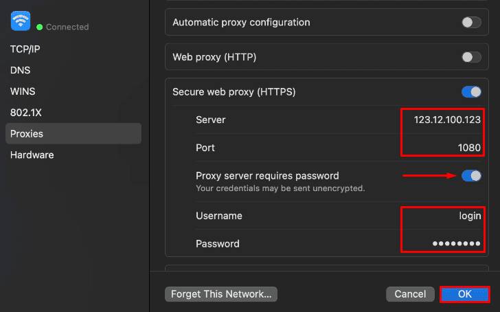 Настройки прокси macOS с полями для адреса сервера, порта, имени пользователя и пароля / macOS proxy settings with fields for server address, port, username, and password