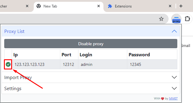 Сохраненный прокси в интерфейсе Simple Proxy / Saved proxy in the Simple Proxy interface