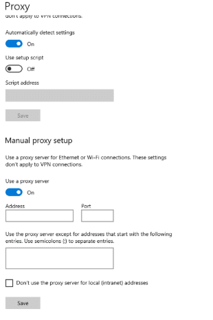 Окно Windows с разделом Manual proxy setup и включенной опцией Use a proxy server / Windows settings window with Manual proxy setup and the Use a proxy server option enabled