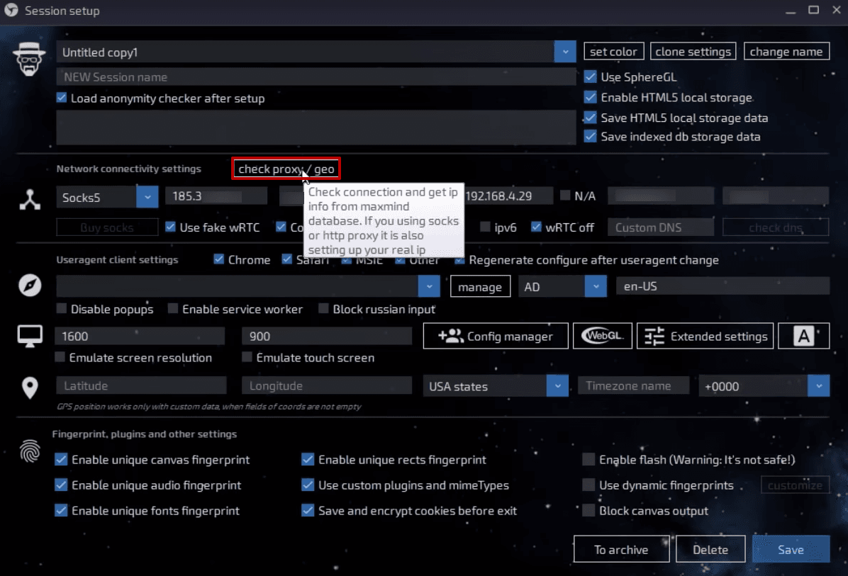 Окно Linken Sphere с функцией проверки прокси-соединения и геоданных / Linken Sphere window with the proxy connection and geolocation check feature