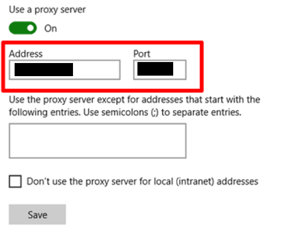 Окно настроек Windows с полями IP-адреса и порта прокси-сервера / Windows proxy settings with fields for the proxy server IP address and port