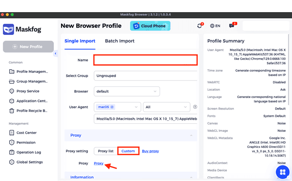 Раздел Proxy в интерфейсе Maskfog с настройками и списком доступных прокси / Proxy section in the Maskfog interface with proxy settings and available proxies