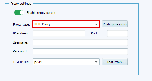 Окно настройки VMLogin с выбором протокола прокси HTTP, HTTPS, SOCKS4 или SOCKS5 / VMLogin proxy settings window with HTTP, HTTPS, SOCKS4, and SOCKS5 protocol options
