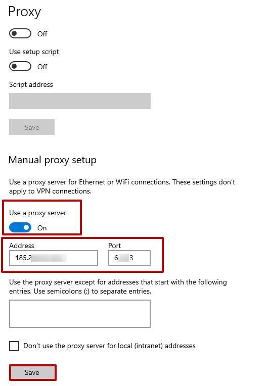 Окно системных настроек прокси с заполненными полями IP-адреса и порта / System proxy settings window with the IP address and port fields filled in