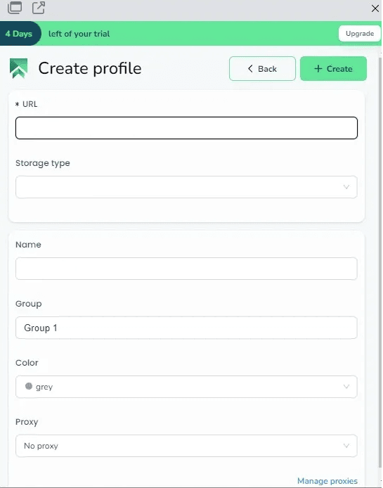Форма создания профиля SessionBox One с полями имени и URL / SessionBox One profile creation form with name and URL fields