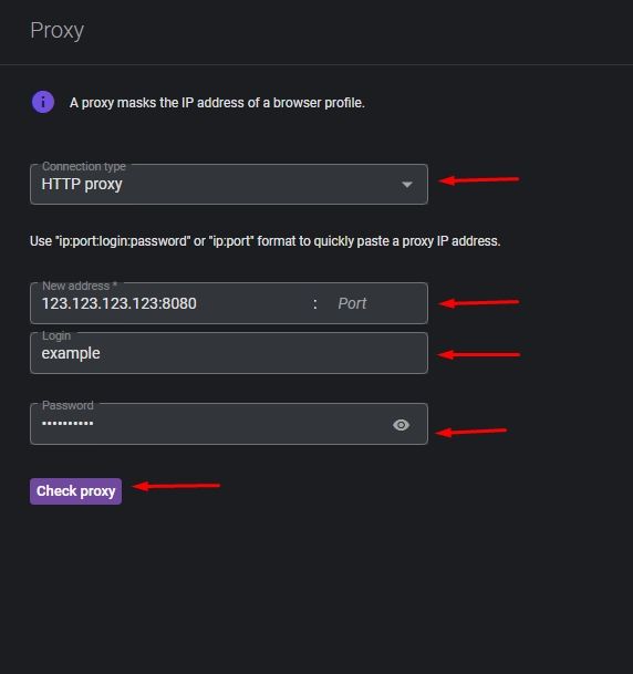 Окно настройки прокси в Indigo Browser с полями Address, Port, Login и Password / Indigo Browser proxy settings window with Address, Port, Login, and Password fields