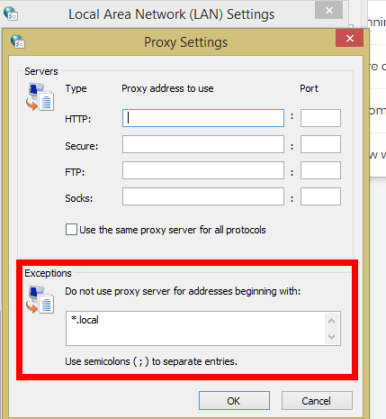 Поле исключений для сайтов, работающих без прокси / Proxy bypass field for websites that should connect directly
