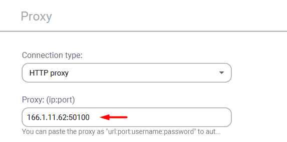 Поля настройки прокси в Incogniton для ввода IP-адреса и порта сервера / Incogniton proxy settings fields for entering the server IP address and port