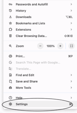 Меню Google Chrome на macOS с открытым разделом Settings / Google Chrome menu on macOS with the Settings section open