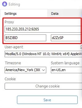 Окно настройки прокси для всего браузера Accovod с полями IP-адреса и порта / Browser-wide proxy settings window in Accovod with IP address and port fields