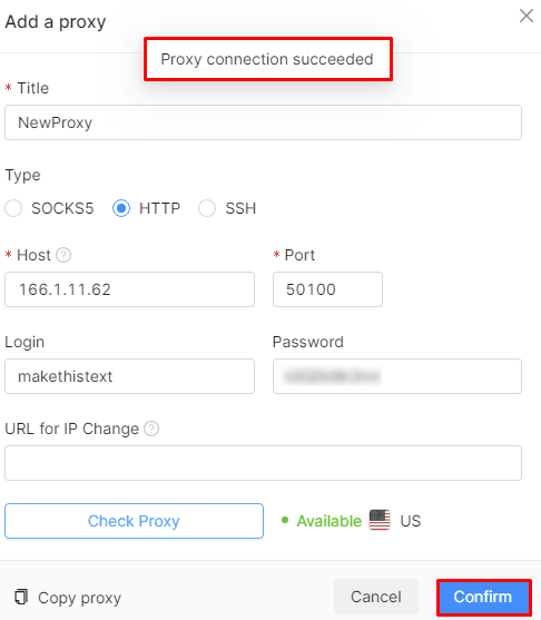 Окно Octo Browser с результатом успешной проверки прокси и кнопкой Confirm / Octo Browser window showing a successful proxy check and the Confirm button