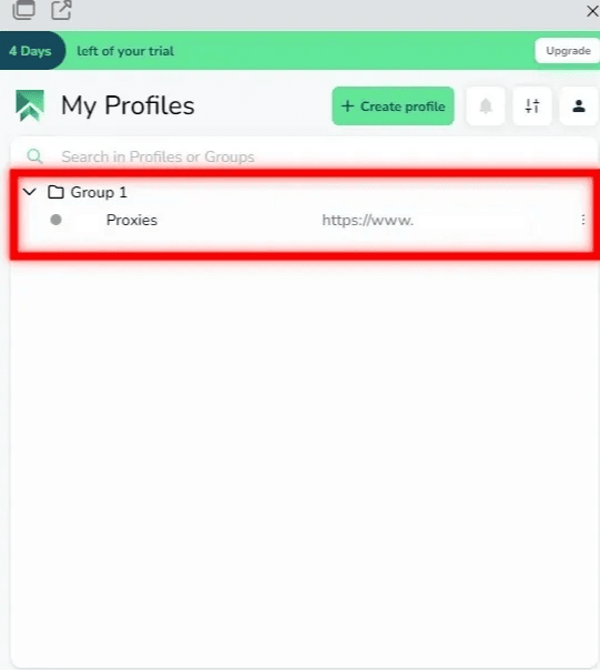 Список профилей SessionBox One с созданным браузерным профилем / SessionBox One profile list showing the newly created browser profile