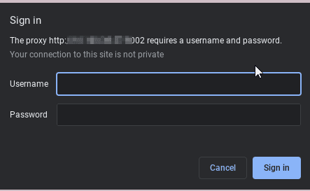 Окно авторизации прокси с полями логина и пароля / Proxy authentication window with username and password fields