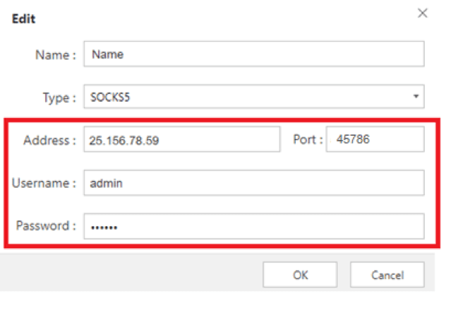 Поля для ввода IP-адреса, порта, логина и пароля прокси в Maxthon / Fields for entering proxy IP address, port, username, and password in Maxthon