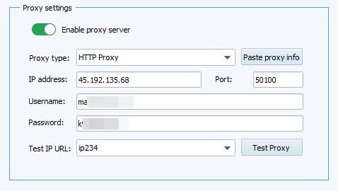 Форма настройки прокси в VMLogin с полями IP Address, Port, Username и Password / VMLogin proxy configuration form with IP Address, Port, Username, and Password fields
