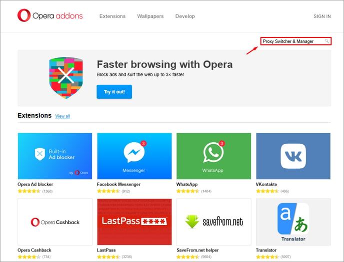 Страница магазина дополнений Opera с результатами поиска расширения Proxy Switcher & Manager / Opera add-ons store page showing search results for Proxy Switcher & Manager