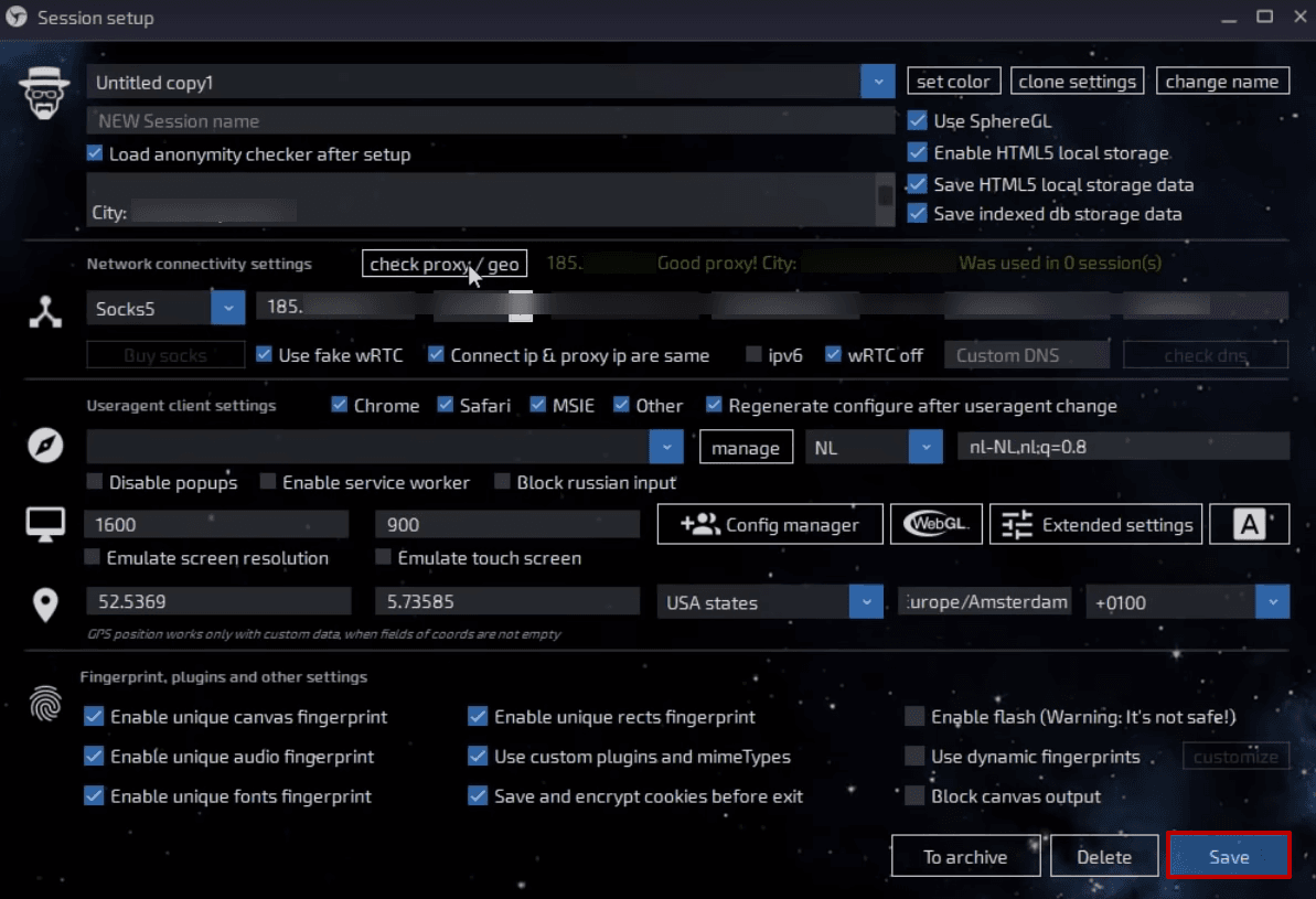 Сохранение настроек сессии Linken Sphere после успешной проверки прокси / Saving Linken Sphere session settings after a successful proxy check