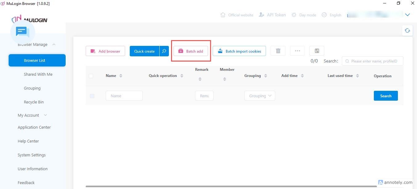 Раздел Batch add в MuLogin для массового создания браузерных профилей / Batch add section in MuLogin for creating multiple browser profiles