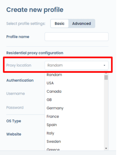 Настройки профиля X-Browser с параметром Proxy Location для выбора страны прокси / X-Browser profile settings with the Proxy Location option for selecting the proxy country