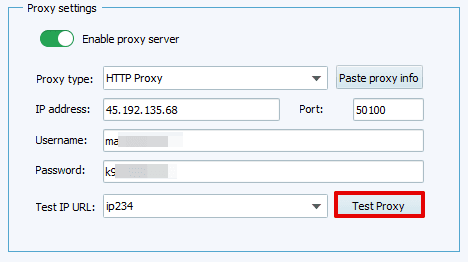 Проверка подключения к прокси через кнопку Test Proxy в VMLogin / Testing the proxy connection using the Test Proxy button in VMLogin