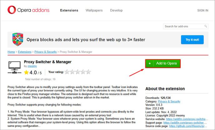 Страница расширения Proxy Switcher & Manager в Opera с кнопкой добавления в браузер / Proxy Switcher & Manager extension page in Opera with the add-to-browser button