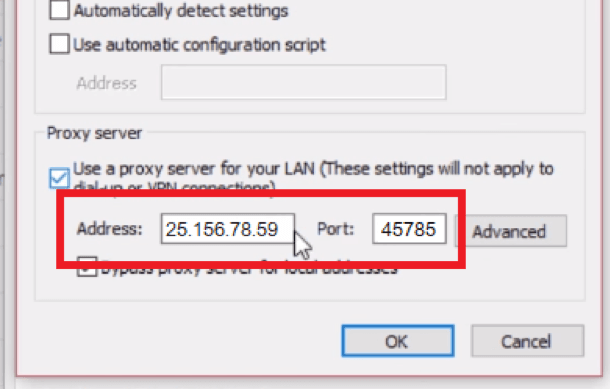 Поля для ввода IP-адреса и порта прокси в Windows / Fields for entering the proxy IP address and port in Windows