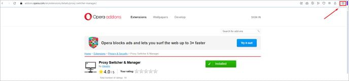 Меню расширений Opera с открытым Proxy Switcher & Manager / Opera extensions menu with Proxy Switcher & Manager open