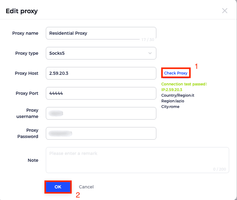 Результат проверки подключения через функцию Check Proxy в Maskfog / Proxy connection test result using the Check Proxy feature in Maskfog