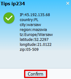 Окно VMLogin с успешным результатом проверки прокси и кнопкой Confirm / VMLogin window showing a successful proxy test result and the Confirm button