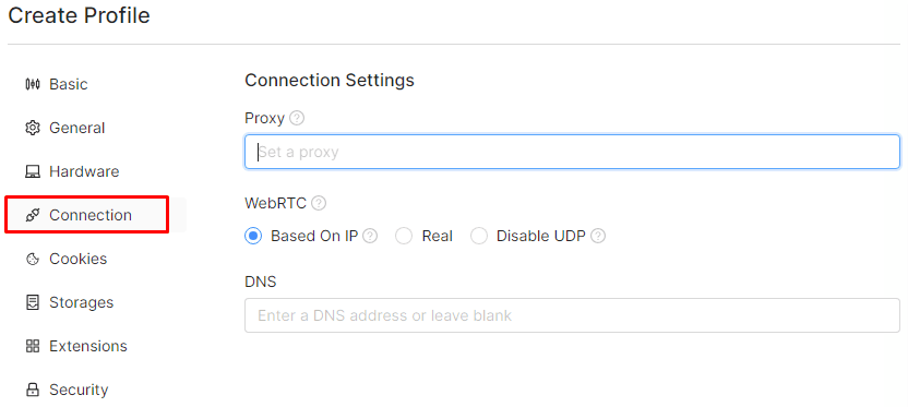 Настройки подключения в профиле Octo Browser с параметрами сетевого соединения / Connection settings in an Octo Browser profile with network configuration options