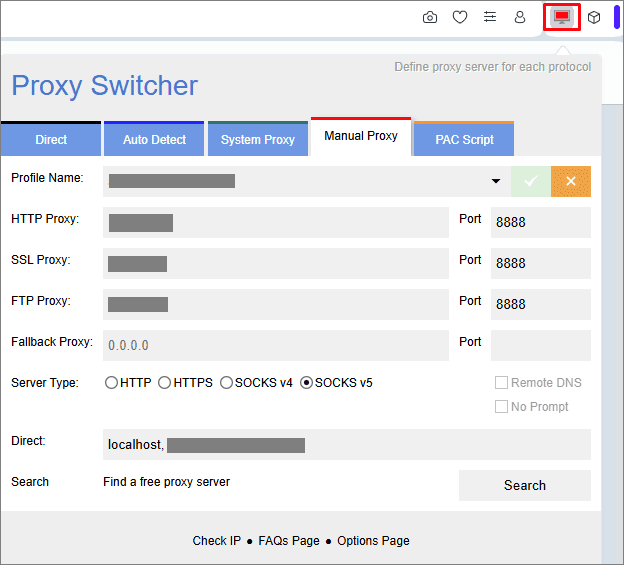Интерфейс Proxy Switcher & Manager с открытой вкладкой Manual Proxy и полями для настройки подключения / Proxy Switcher & Manager interface with the Manual Proxy tab open and connection settings fields